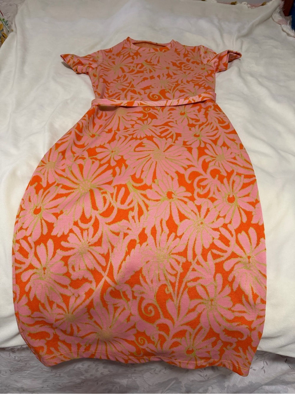 Zara Stretchy Knit Floral Belted Dress in Pink and Orange Women’s XS/S